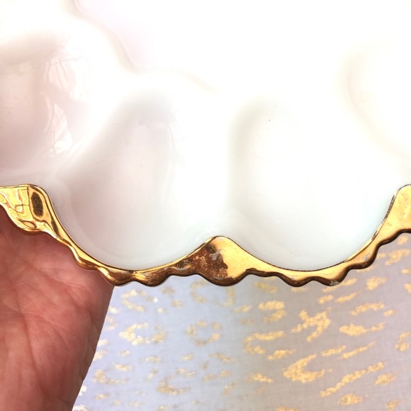 Vintage Milk Glass 12 Deviled Egg Plate Gold Trim Ornate 10" - Picture 6 of 8